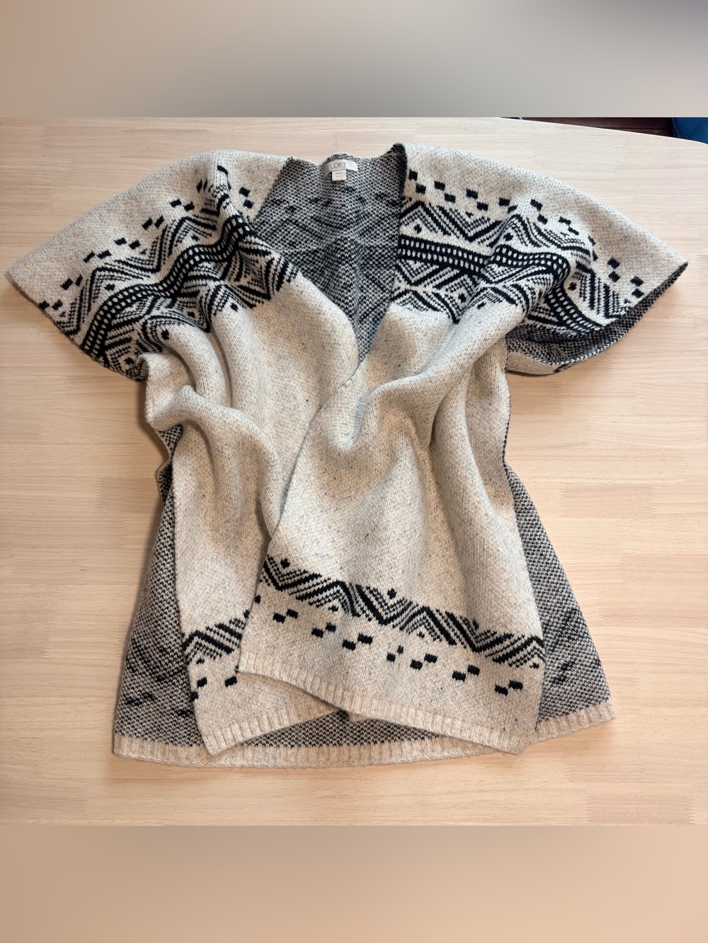 EUC LOFT Cream Gray Black Open Front Sweater Cardigan Poncho XS/S Oversized Boho